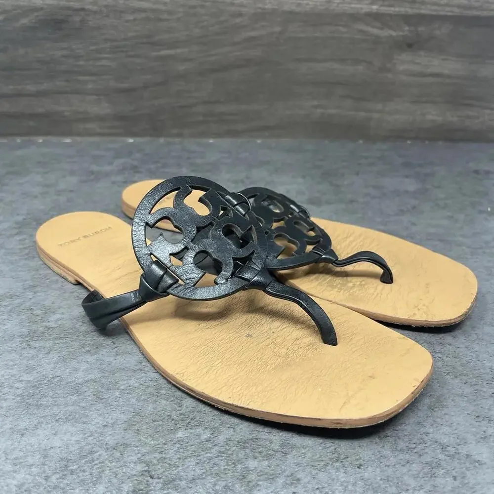 Tory Burch Sandals Womens Size 8 Miller Thong Black Brown Leather - Picture 3 of 7